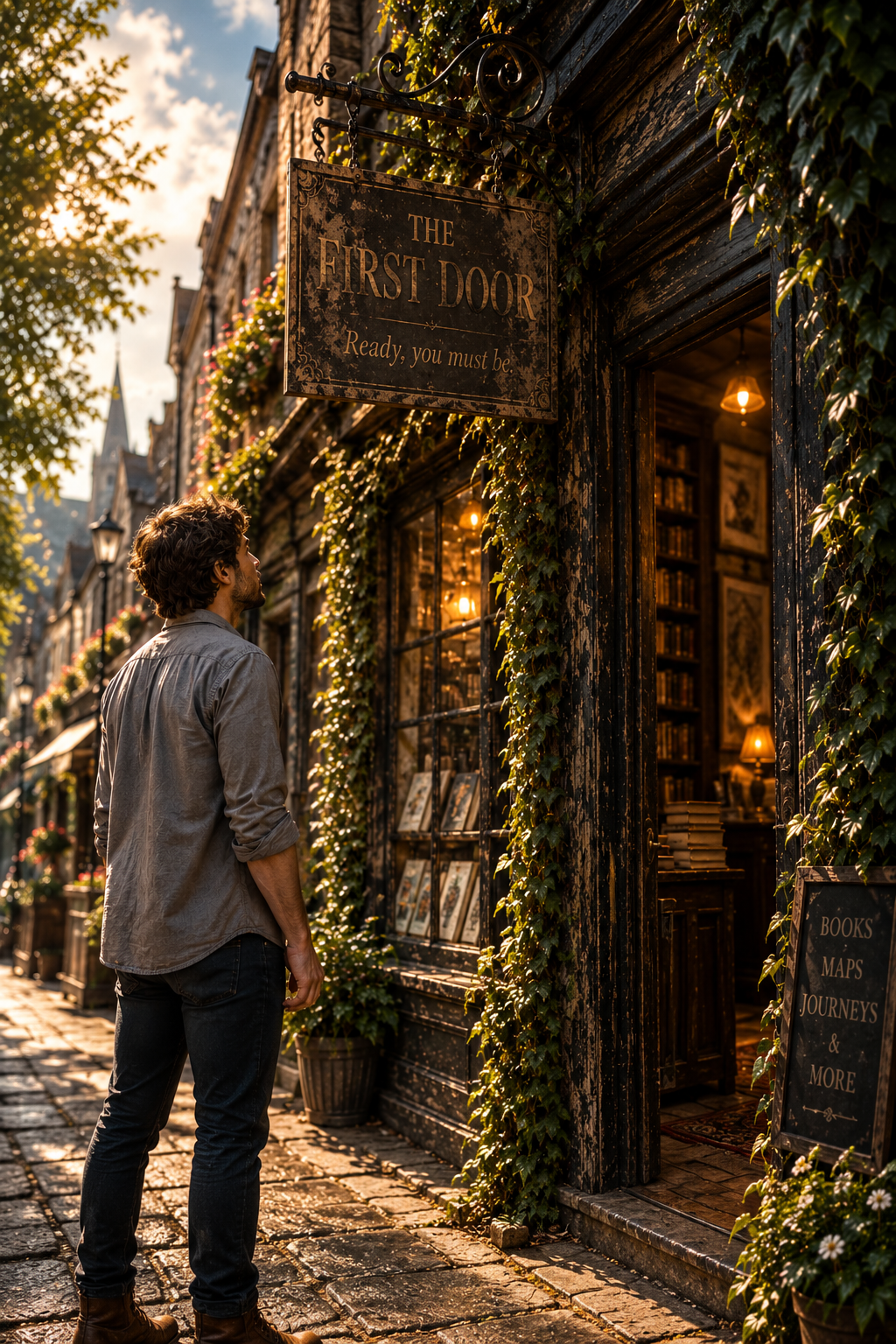 Daniel standing outside The First Door bookshop beneath its weathered sign in The Lantern Path