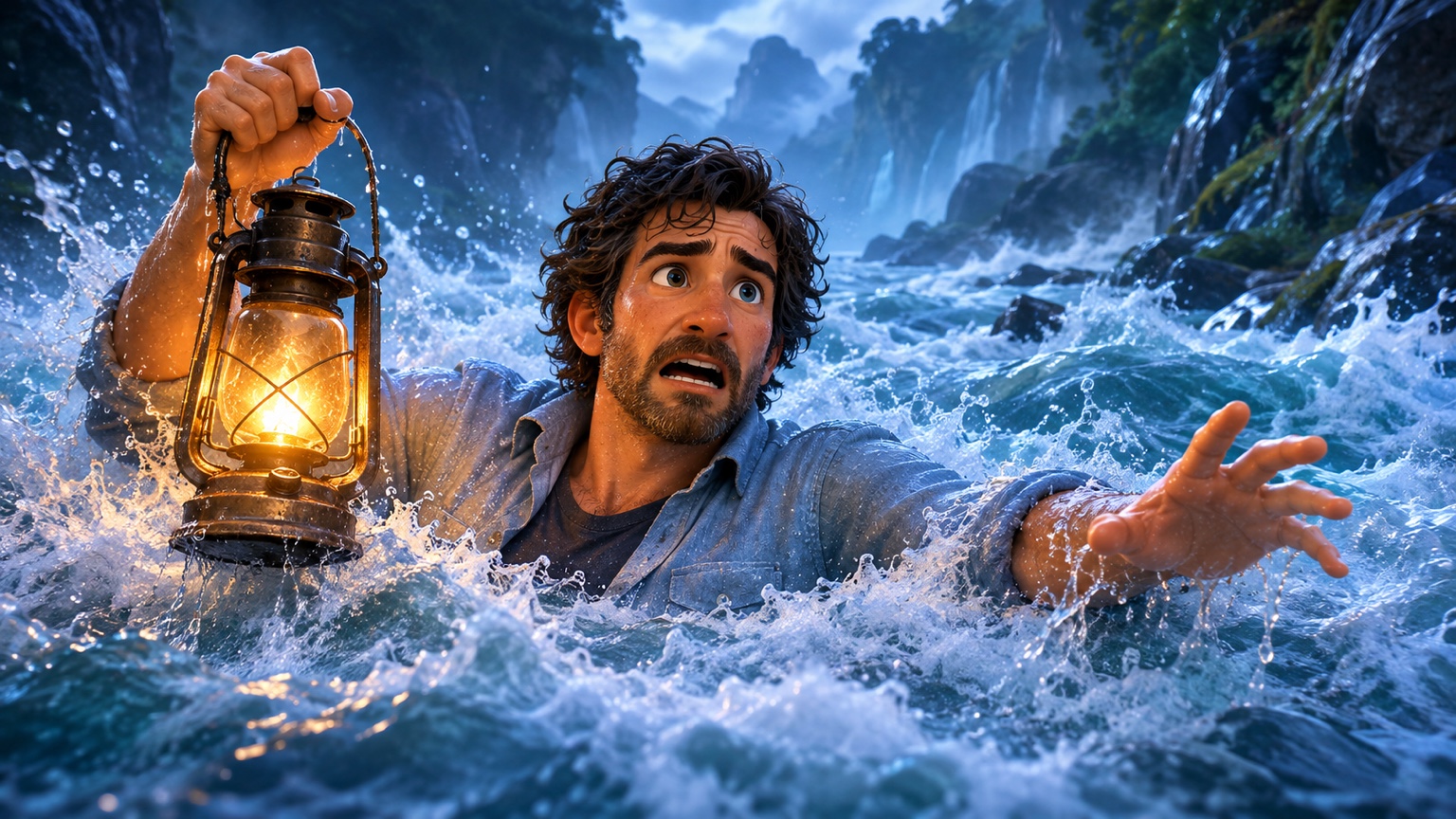 Daniel battling through powerful rapids in Aqua while holding the lantern above the water in The Lantern Path