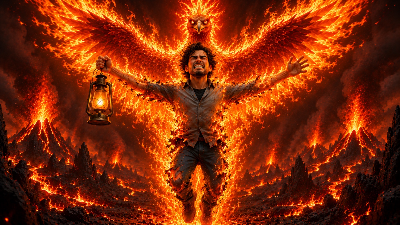 Daniel facing the Phoenix amid fire and volcanic rock in Ignis, one of the five magical lands in The Lantern Path